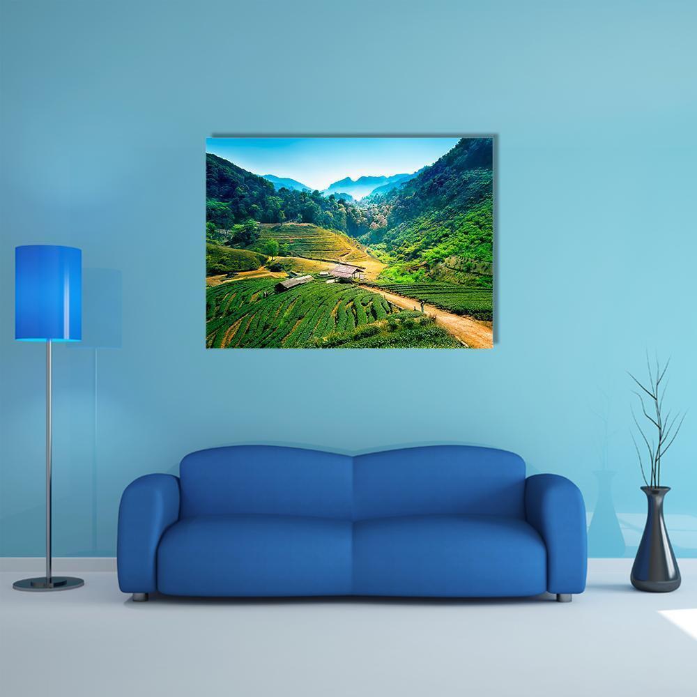 Tea Plantations on Angkhang Mountain Canvas Wall Art in brown, green and blue, single panel hung on a wall