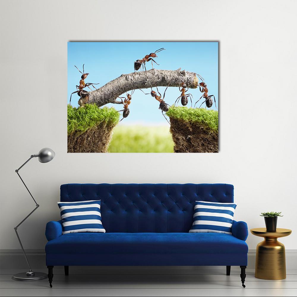 Ants Building a Bridge Canvas Wall Art in brown, green and blue, single panel hung on a wall