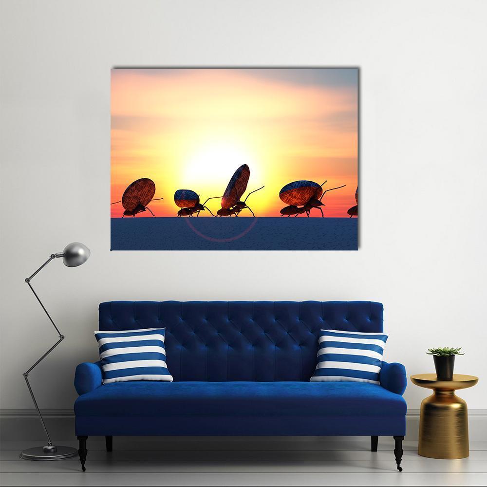 Ants Carrying Large Round Stones at Sunset Canvas Wall Art in orange, yellow and blue, single panel hung on a wall