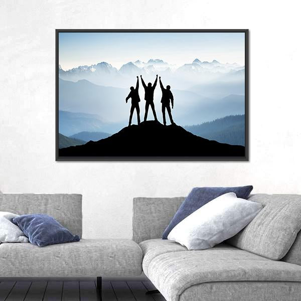Team on Mountain Peak Canvas Wall Art in black, white and blue, framed canvas, product view on a white background
