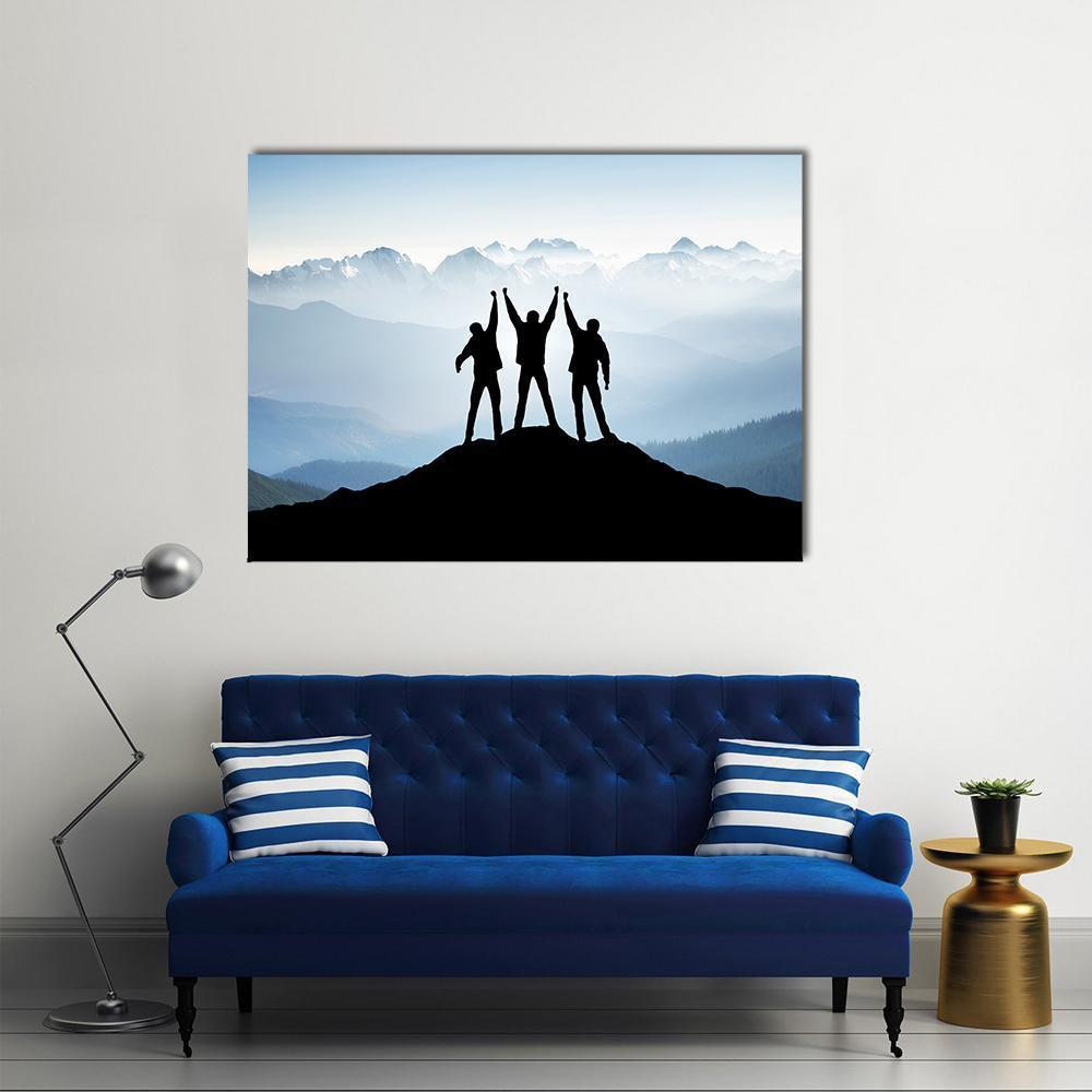 Team on Mountain Peak Canvas Wall Art in black, white and blue, single panel hung on a wall