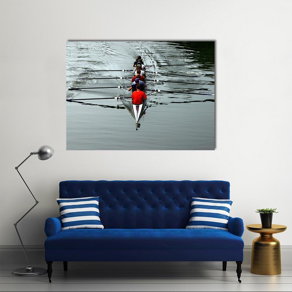 Rowing Crew in Motion Canvas Wall Art in black and gray, single panel hung on a wall