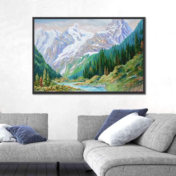 Teberda River in Caucasus Gorge Canvas Wall Art in white, green and blue, framed canvas, product view on a white background