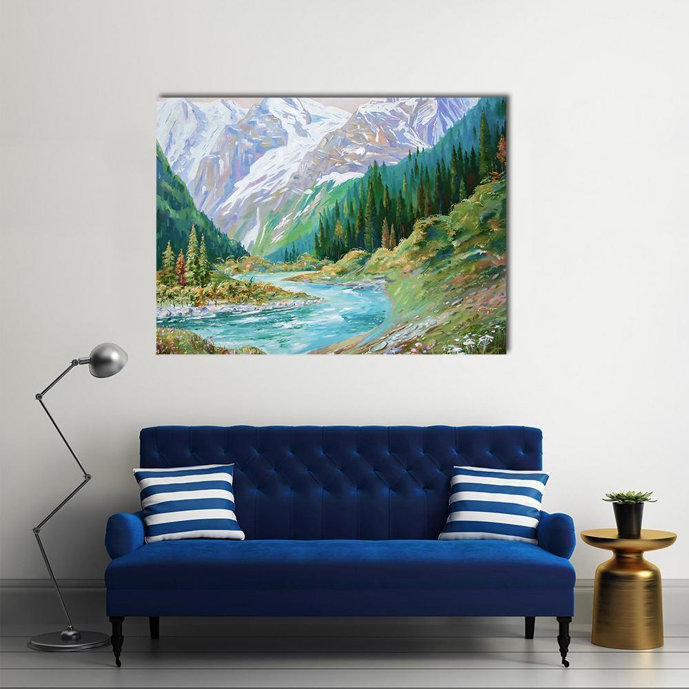 Teberda River in Caucasus Gorge Canvas Wall Art in white, green and blue, single panel hung on a wall