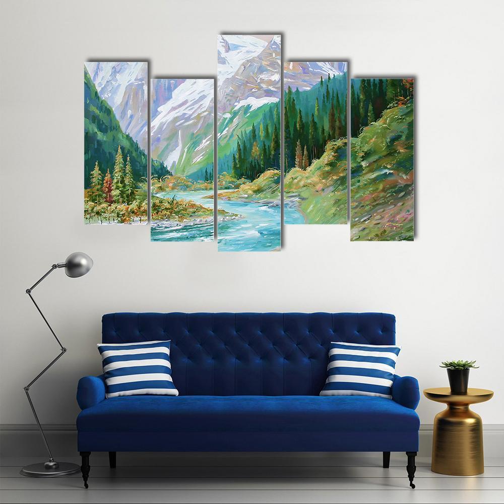 Teberda River In Gorge Of The Caucasus Mountains Canvas Wall Art-5 Pop-Gallery Wrap-47&quot; x 32&quot;-Tiaracle