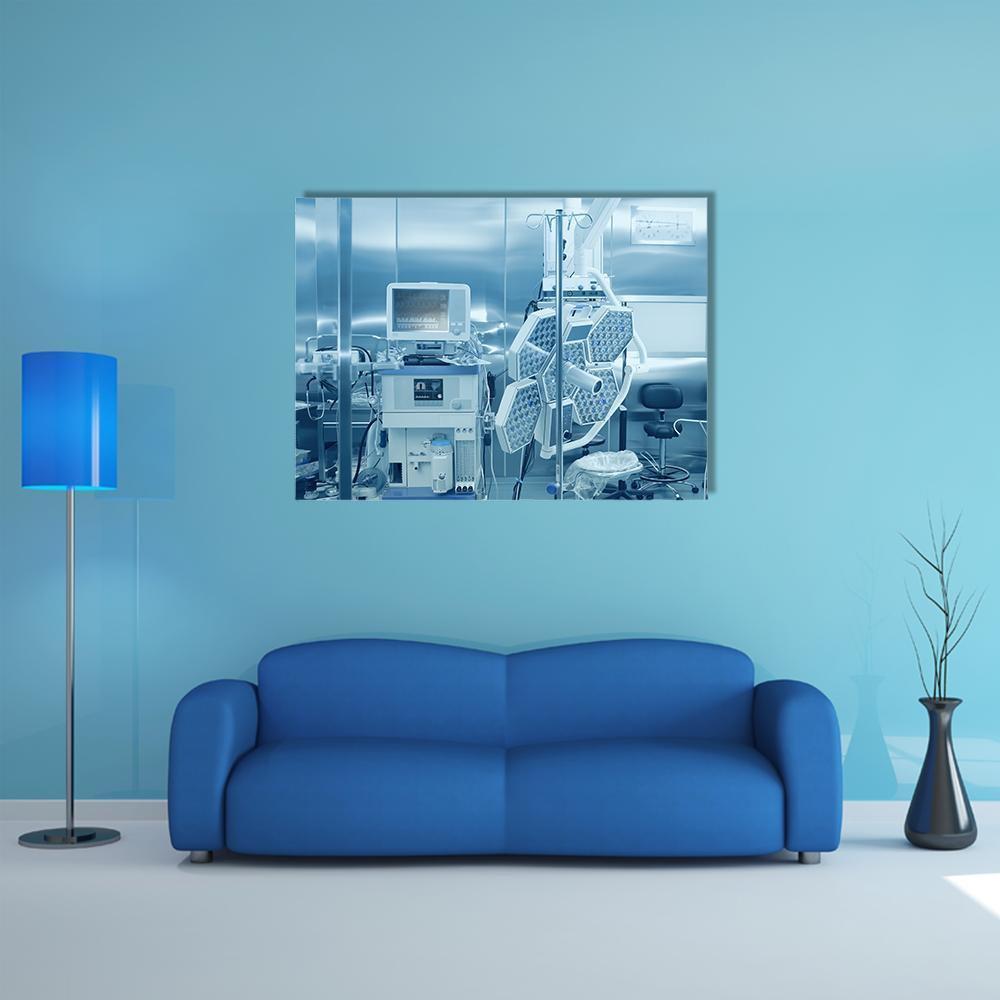Operating Room Surgical Lights and Equipment Canvas Wall Art in white, silver and blue, single panel hung on a wall