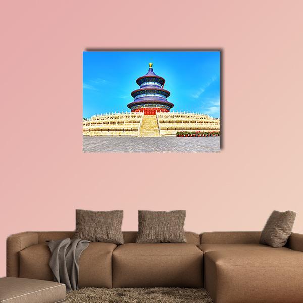 Temple of Heaven in Beijing Canvas Wall Art in white, beige and blue, single panel hung on a wall