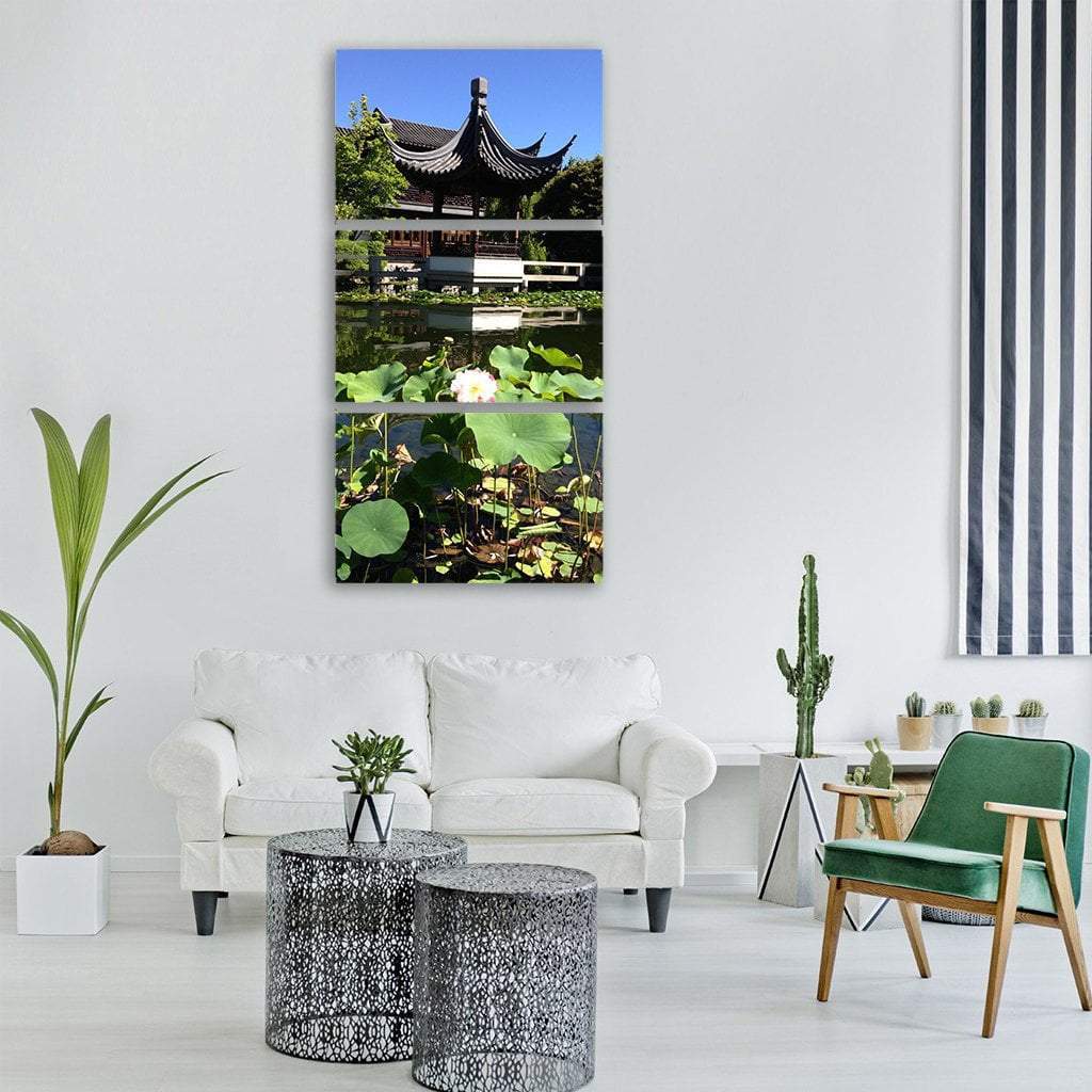 Temple Lotus In Japanese Garden Vertical Canvas Wall Art-3 Vertical-Gallery Wrap-12" x 25"-Tiaracle