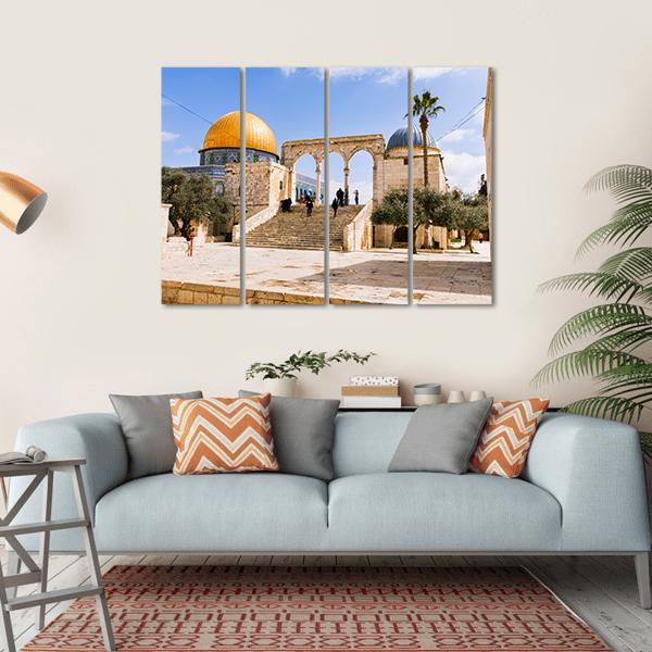 Dome of the Rock on Temple Mount Canvas Wall Art in beige, gold and blue, hung on a wall