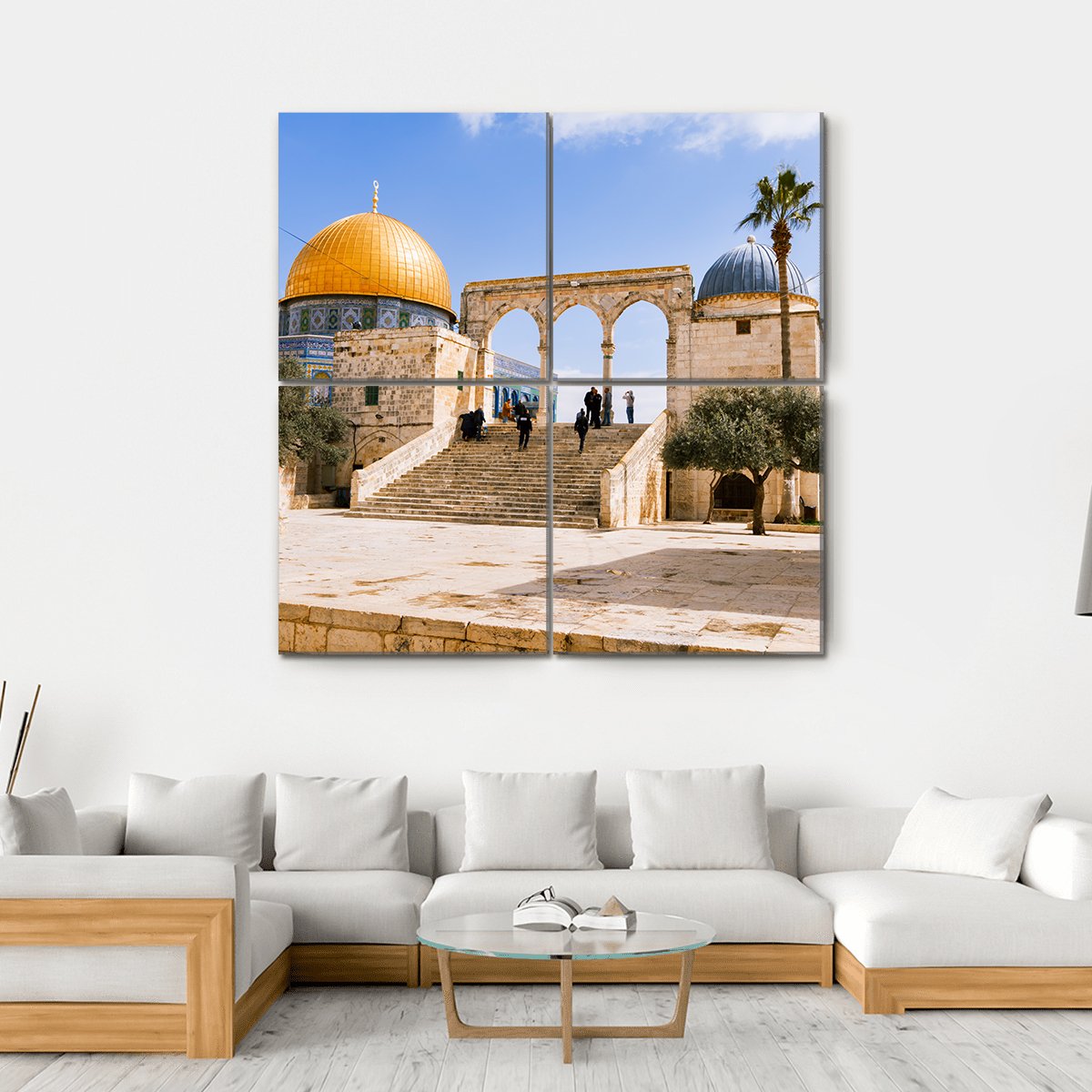 Dome of the Rock on Temple Mount Canvas Wall Art in beige, gold and blue, hung on a wall