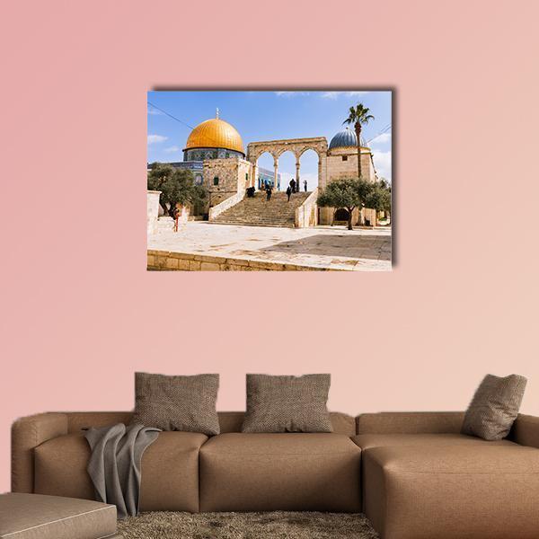 Temple Mount, Old Jerusalem Canvas Wall Art in beige, gold and blue, single panel hung on a wall