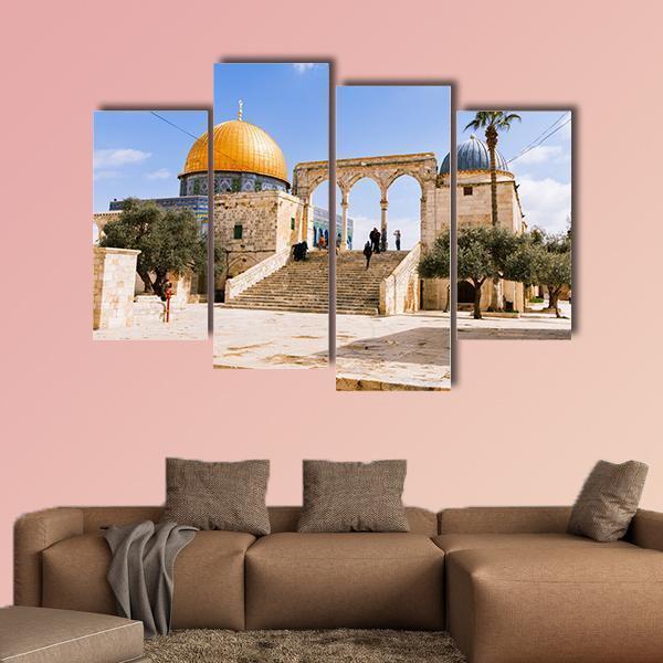 Temple Mount, Old Jerusalem Canvas Wall Art in beige, gold and blue, 4 panel Pop layout hung on a wall
