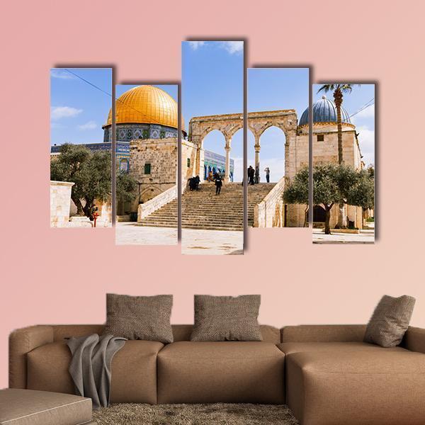 Temple Mount, Old Jerusalem Canvas Wall Art in beige, gold and blue, 3 panel horizontal set hung on a wall