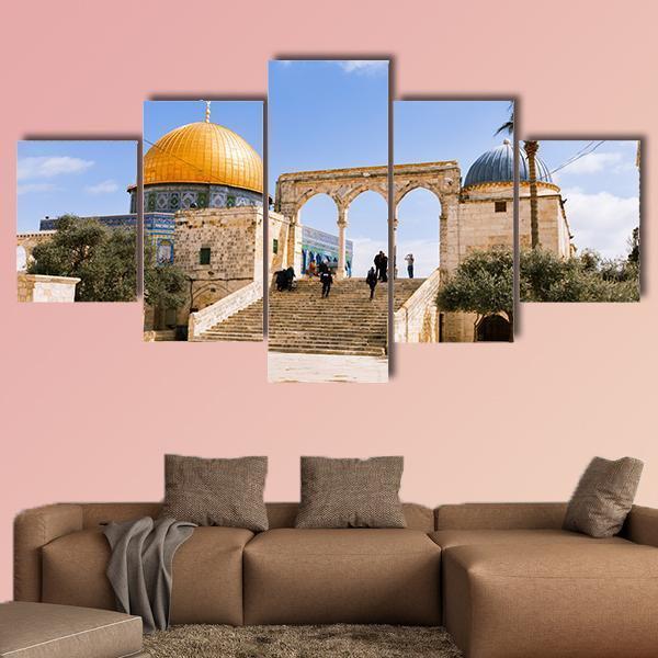 Temple Mount, Old Jerusalem Canvas Wall Art in beige, gold and blue, 3 panel horizontal set hung on a wall