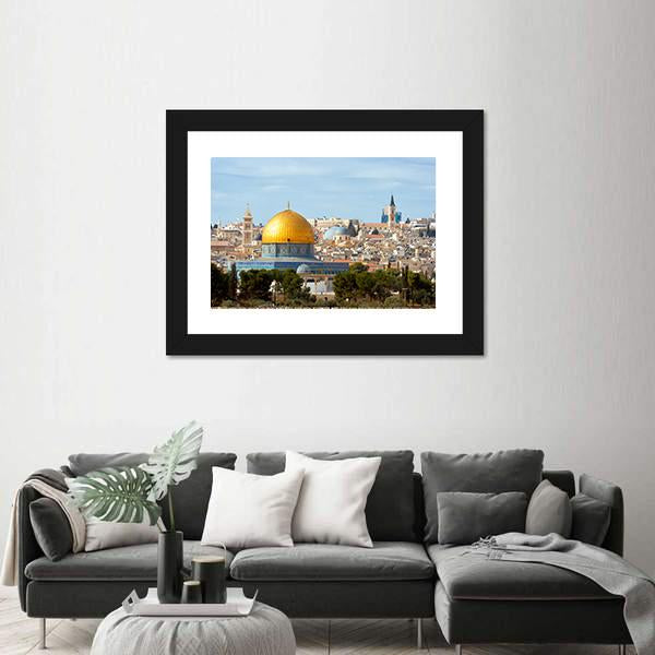 Temple Mount, Jerusalem Canvas Wall Art in beige, gold and blue, framed print, product view on a white background