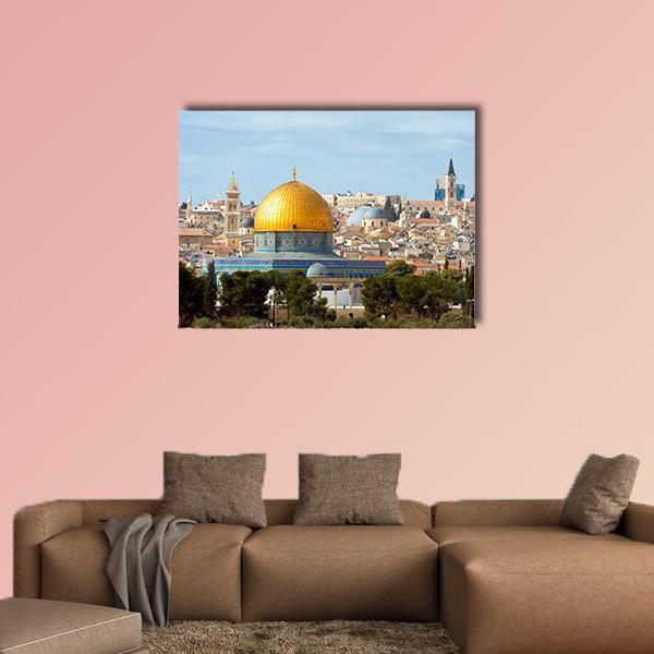 Temple Mount, Jerusalem Canvas Wall Art in beige, gold and blue, hung on a wall