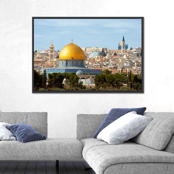 Dome of the Rock in Jerusalem Canvas Wall Art in beige, gold and blue, framed canvas, product view on a white background