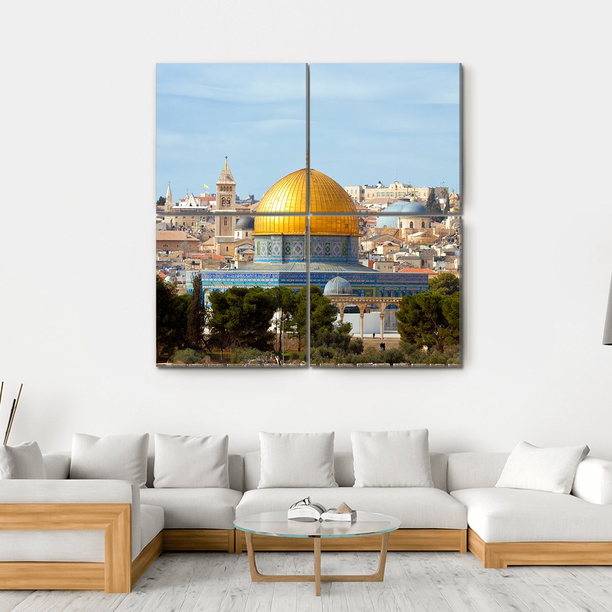 Temple Mount, Jerusalem Canvas Wall Art in beige, gold and blue, hung on a wall