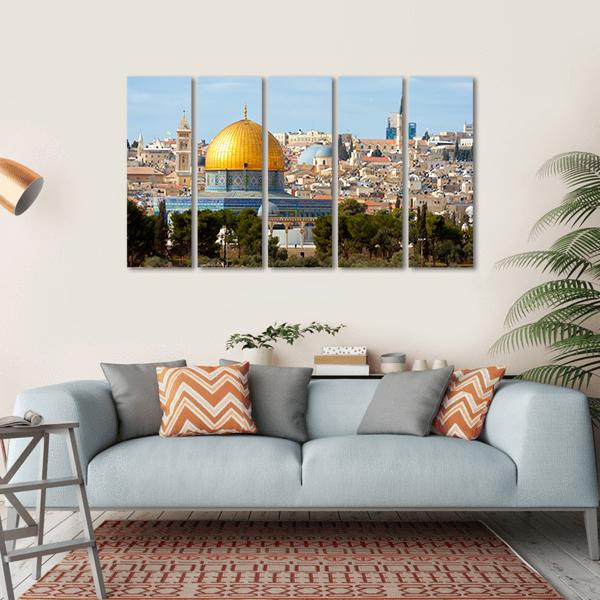 Temple Mount, Jerusalem Canvas Wall Art in beige, gold and blue, hung on a wall