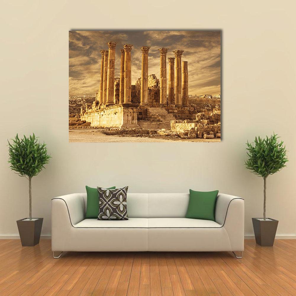 Temple of Artemis Ruins Canvas Wall Art in beige, brown and gold, single panel hung on a wall