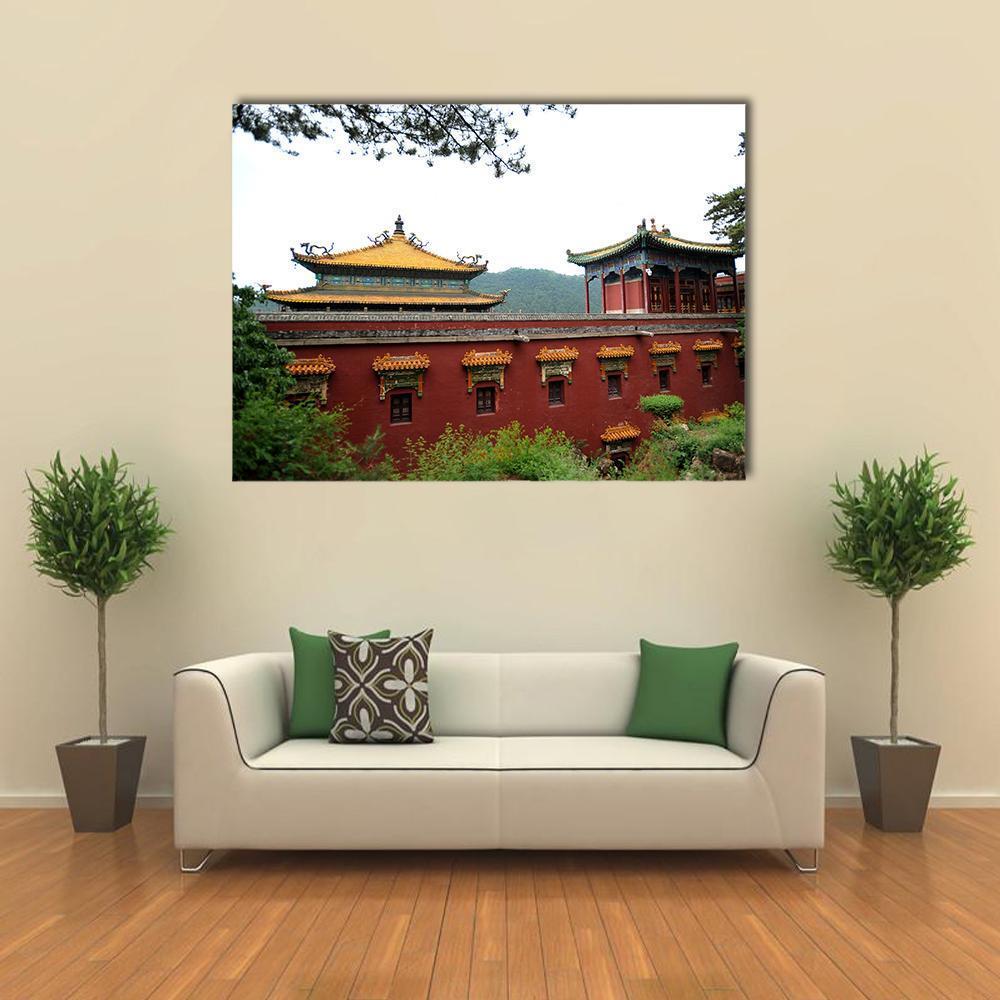 Temple of Fu Shou in Chengde Canvas Wall Art in white, red and yellow, single panel hung on a wall