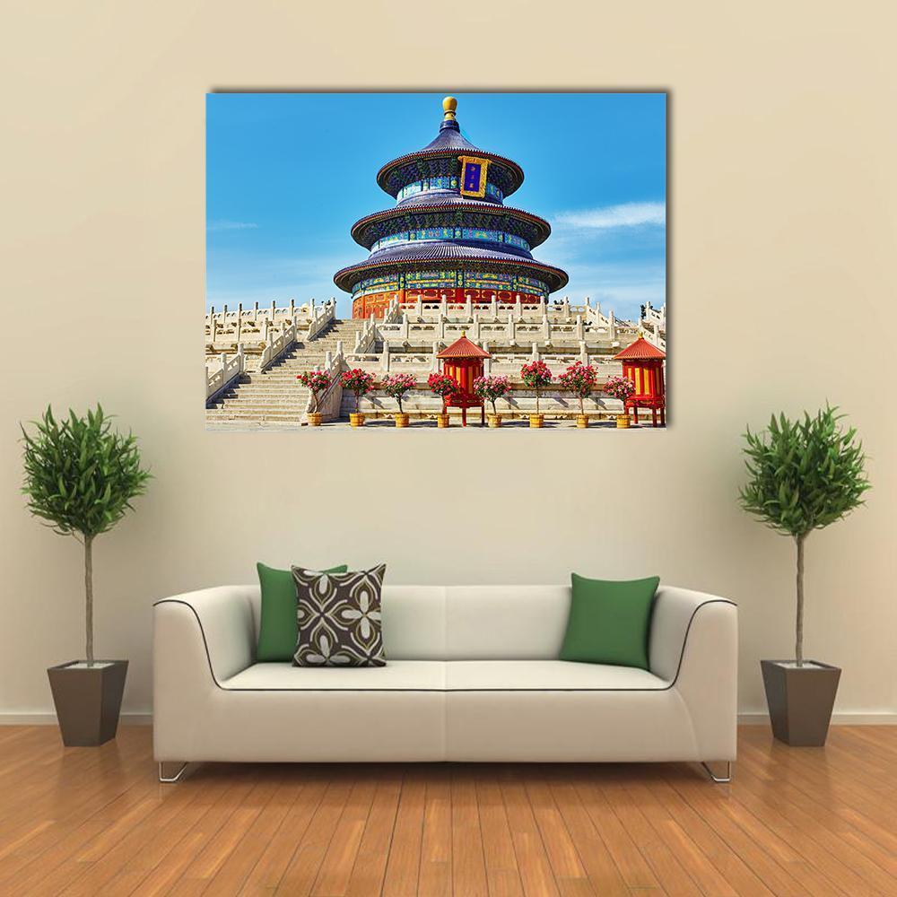 Beijing Temple of Heaven Canvas Wall Art in beige, red and blue, single panel hung on a wall