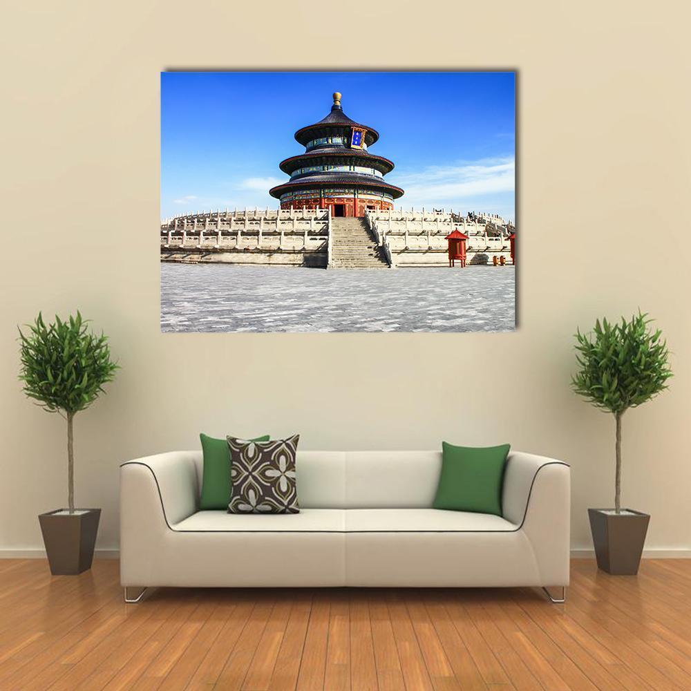 Temple of Heaven in Bright Blue Sky Canvas Wall Art in white, gray and blue, single panel hung on a wall