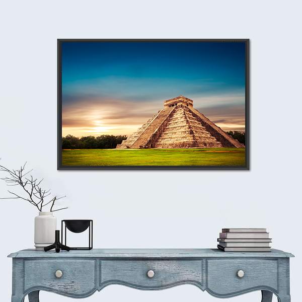 Temple Of Kukulkan Canvas Wall Art-3 Horizontal-Gallery Wrap-25" x 16"-Tiaracle