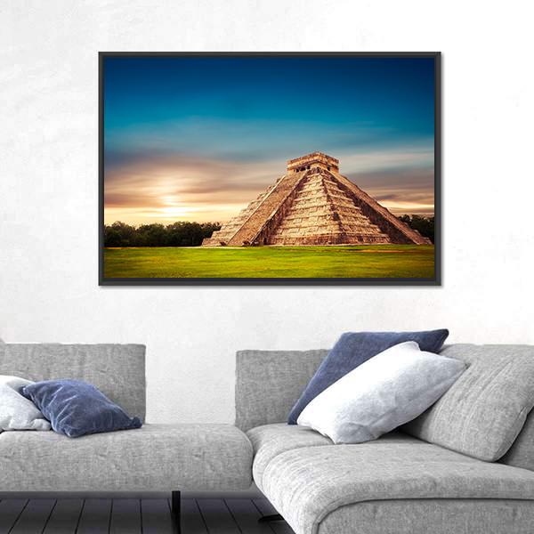 Temple of Kukulkan at Sunset Canvas Wall Art in brown, orange and blue, framed canvas, product view on a white background