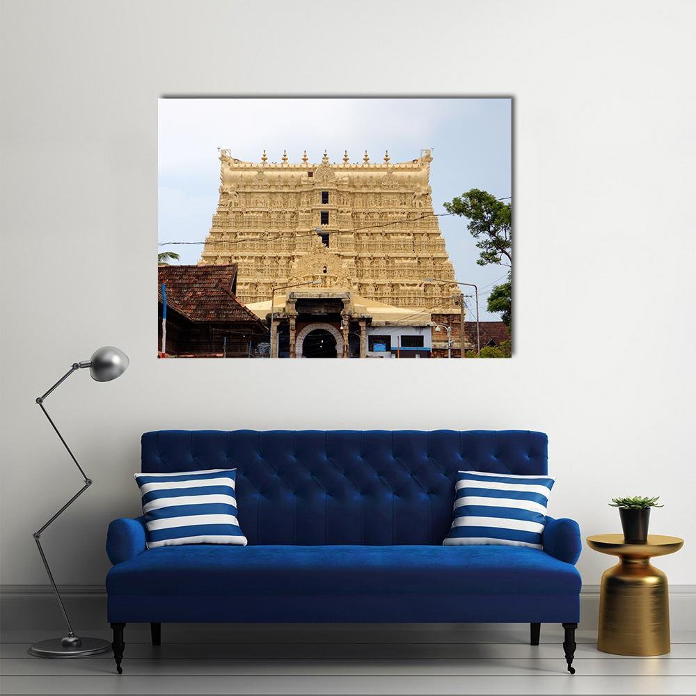 Thiruvananthapuram Temple Facade Canvas Wall Art in beige, brown and yellow, single panel hung on a wall