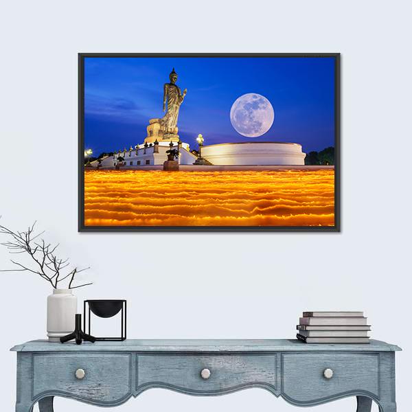 Temple To The Buddha With Full Moon In Thailand Canvas Wall Art-3 Horizontal-Gallery Wrap-25" x 16"-Tiaracle