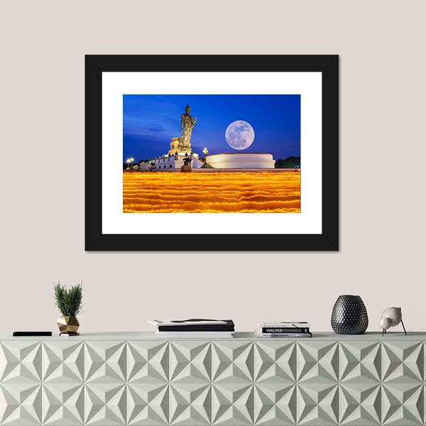 Temple To The Buddha With Full Moon In Thailand Canvas Wall Art-3 Horizontal-Gallery Wrap-25" x 16"-Tiaracle