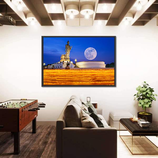 Temple To The Buddha With Full Moon In Thailand Canvas Wall Art-3 Horizontal-Gallery Wrap-25" x 16"-Tiaracle