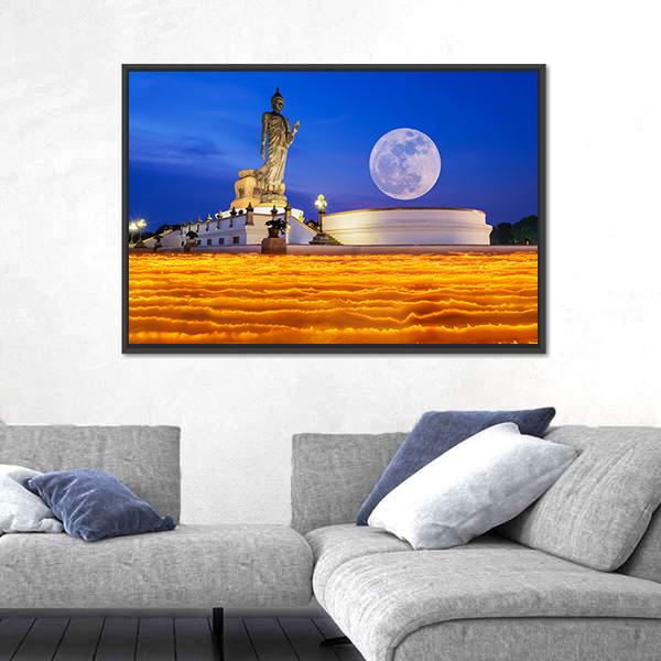 Temple To The Buddha With Full Moon In Thailand Canvas Wall Art-1 Piece-Floating Frame-24" x 16"-Tiaracle