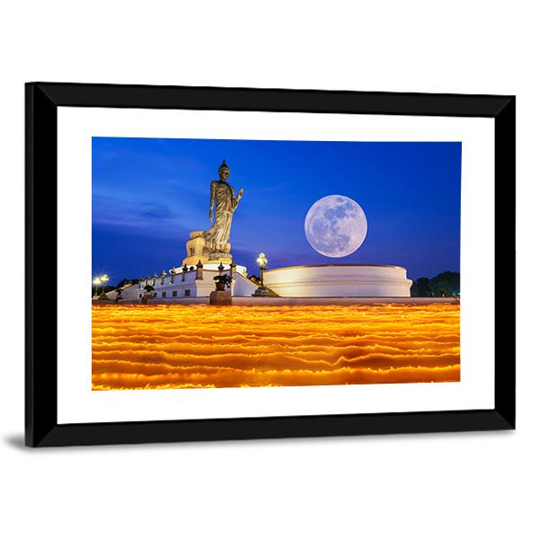 Temple To The Buddha With Full Moon In Thailand Canvas Wall Art-3 Horizontal-Gallery Wrap-25" x 16"-Tiaracle
