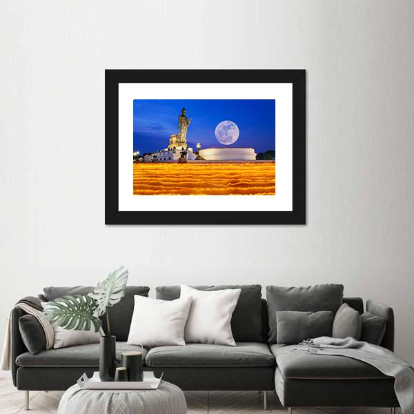 Temple To The Buddha With Full Moon In Thailand Canvas Wall Art-1 Piece-Framed Print-20" x 16"-Tiaracle