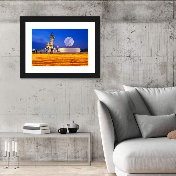 Temple To The Buddha With Full Moon In Thailand Canvas Wall Art-3 Horizontal-Gallery Wrap-25" x 16"-Tiaracle