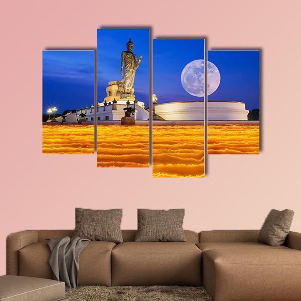 Temple To The Buddha With Full Moon In Thailand Canvas Wall Art-4 Pop-Gallery Wrap-50" x 32"-Tiaracle