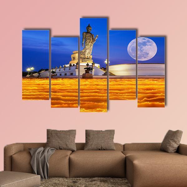 Temple To The Buddha With Full Moon In Thailand Canvas Wall Art-5 Pop-Gallery Wrap-47" x 32"-Tiaracle