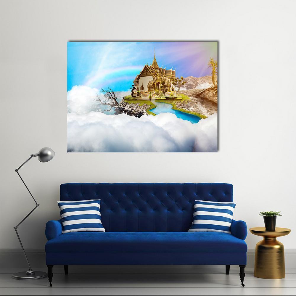 Ornate Golden Temple on Floating Island Canvas Wall Art in white, gold and blue, single panel hung on a wall