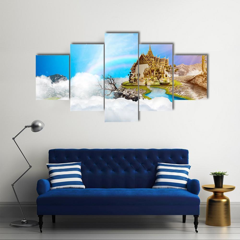 Temple With Cloudy Sky &amp; Lake Canvas Wall Art-5 Star-Gallery Wrap-62" x 32"-Tiaracle