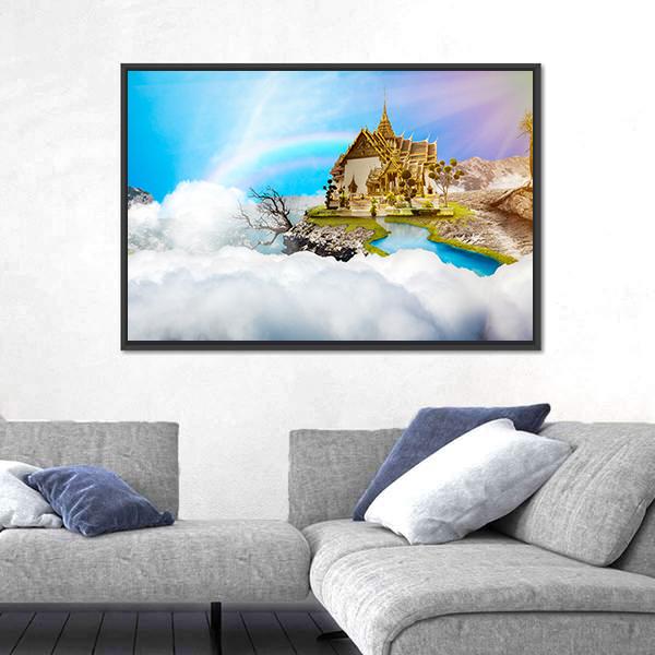 Temple With Cloudy Sky &amp; Lake Canvas Wall Art-1 Piece-Floating Frame-24" x 16"-Tiaracle