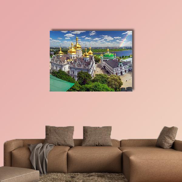 Kyiv Pechersk Lavra Aerial View Canvas Wall Art in white, green and blue, single panel hung on a wall