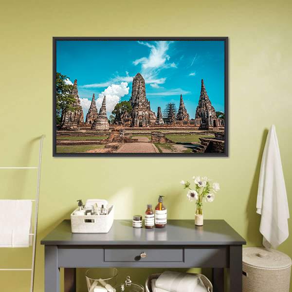 Temples During Sunny Day Ayutthaya Canvas Wall Art-1 Piece-Floating Frame-24" x 16"-Tiaracle