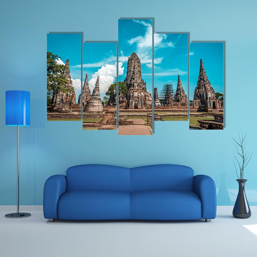 Temples During Sunny Day Ayutthaya Canvas Wall Art-5 Pop-Gallery Wrap-47" x 32"-Tiaracle