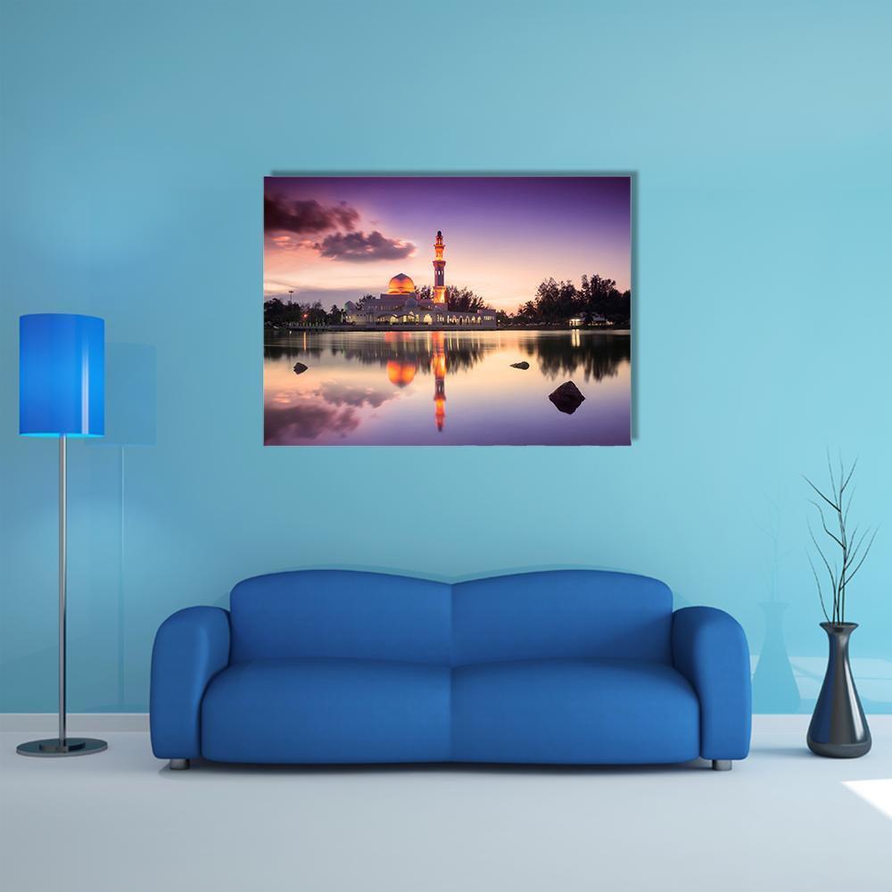 Tengku Zaharah Mosque Sunset Reflection Canvas Wall Art in orange, yellow and purple, single panel hung on a wall