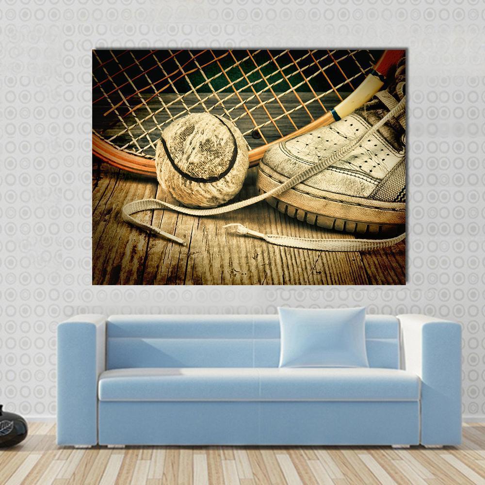 Tennis Ball and Racket with Sneakers Canvas Wall Art in black, beige and brown, single panel hung on a wall