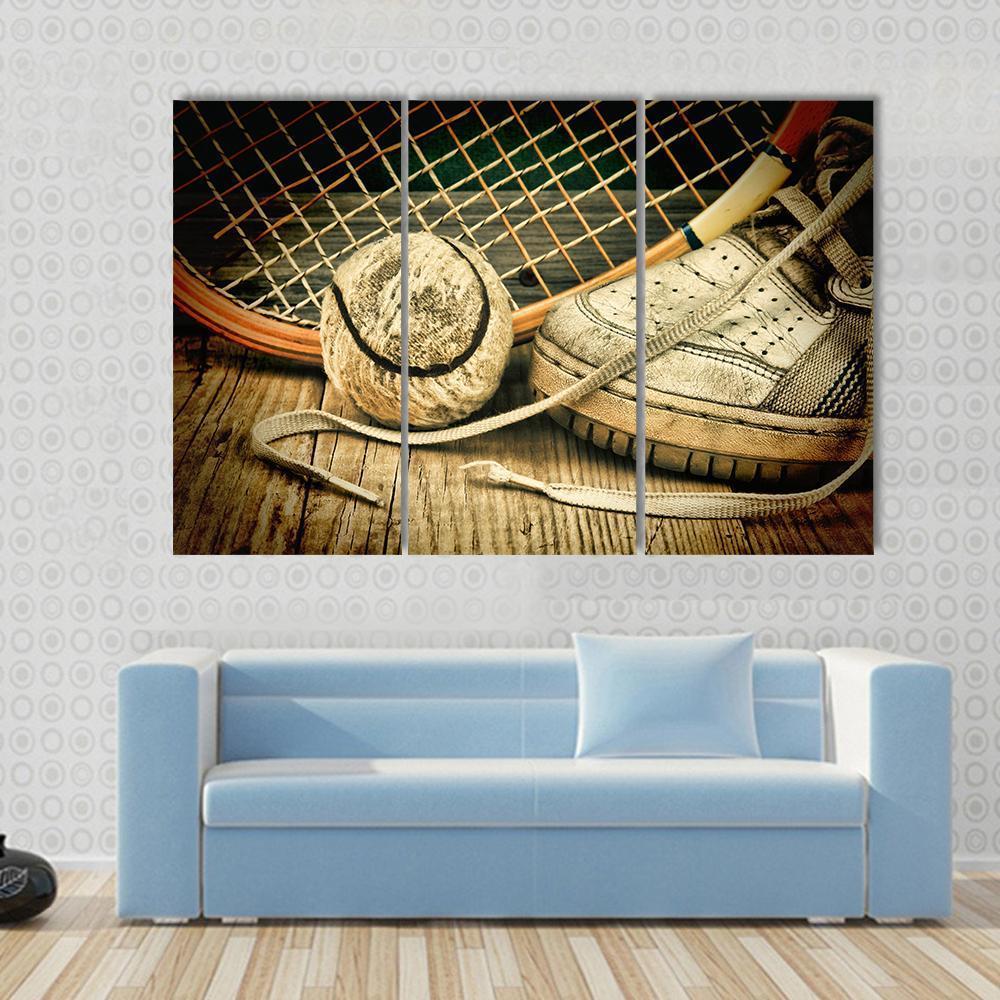 Tennis Ball &amp; Racket With Sneakers Canvas Wall Art-3 Horizontal-Gallery Wrap-37&quot; x 24&quot;-Tiaracle