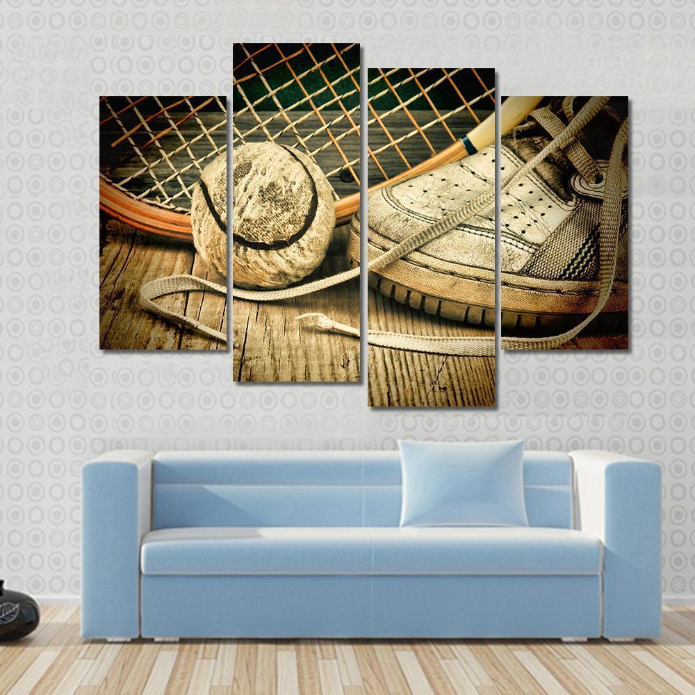 Tennis Ball &amp; Racket With Sneakers Canvas Wall Art-4 Pop-Gallery Wrap-50&quot; x 32&quot;-Tiaracle