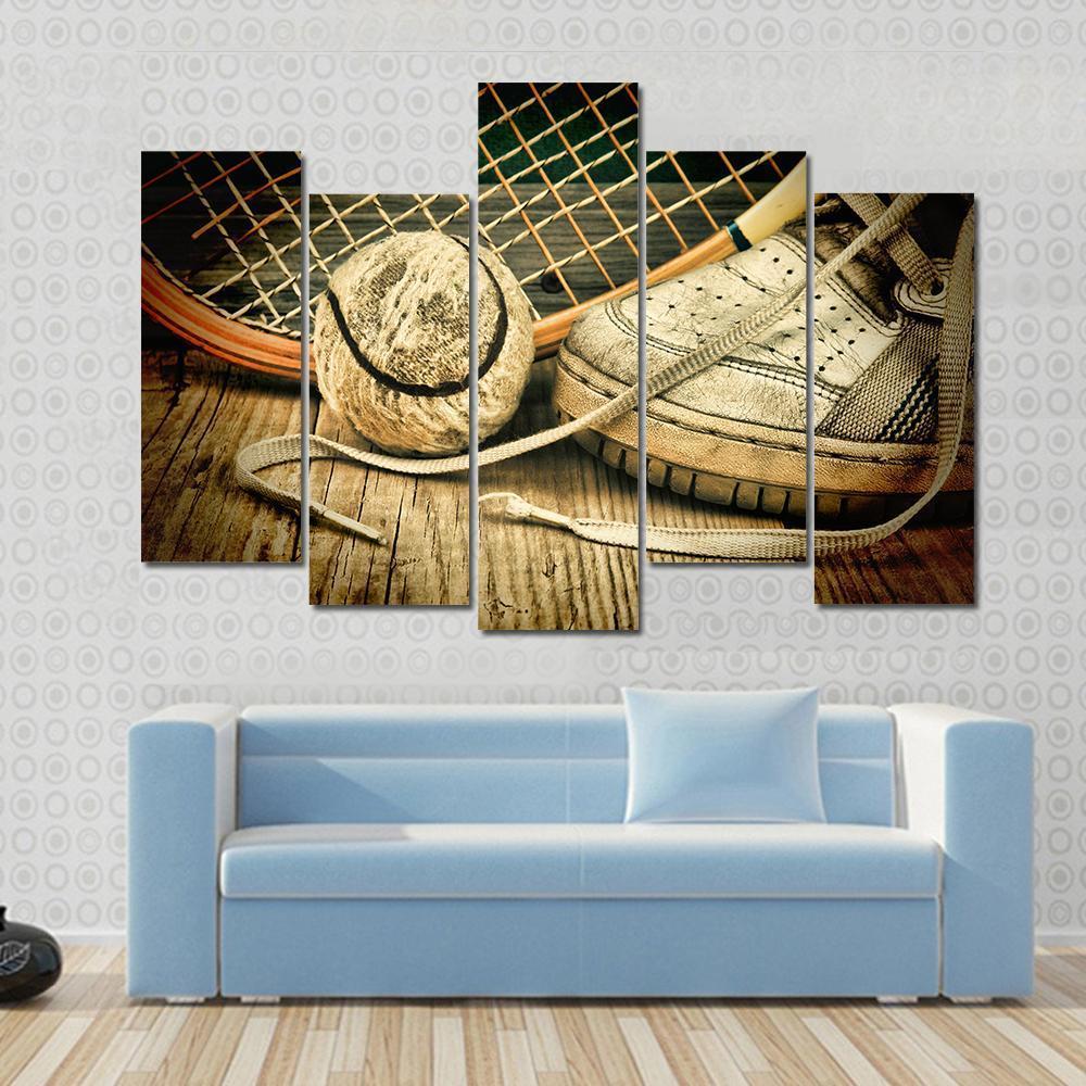 Tennis Ball &amp; Racket With Sneakers Canvas Wall Art-5 Pop-Gallery Wrap-47&quot; x 32&quot;-Tiaracle